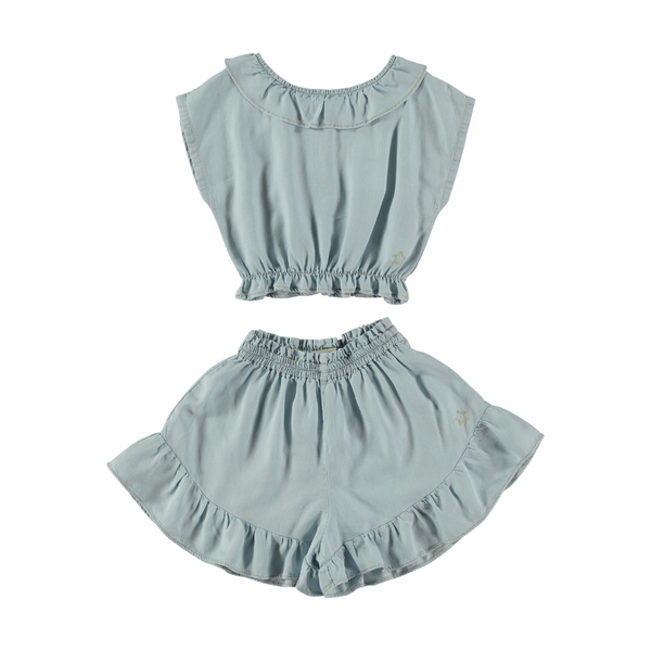 DENIM BLOUSE AND RUFFLE SHORT SET