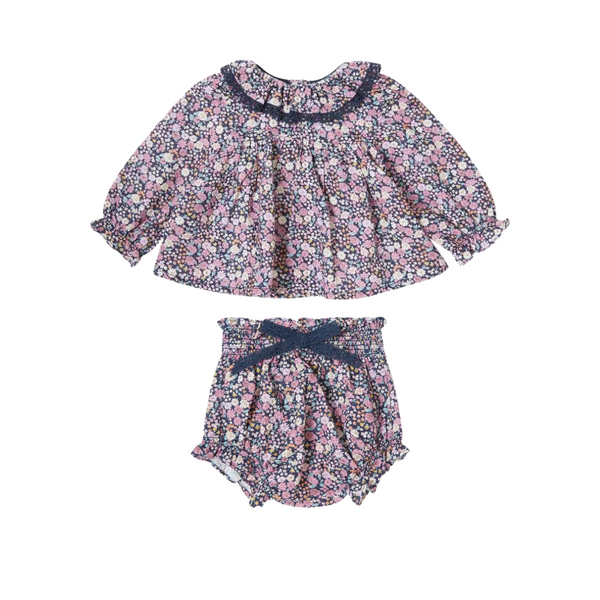 Navy Flower Blouse and Bloomer Set