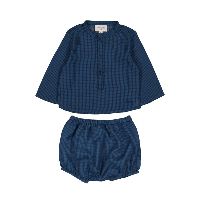 Baby Boy Navy Check Shirt and Bloomer Set