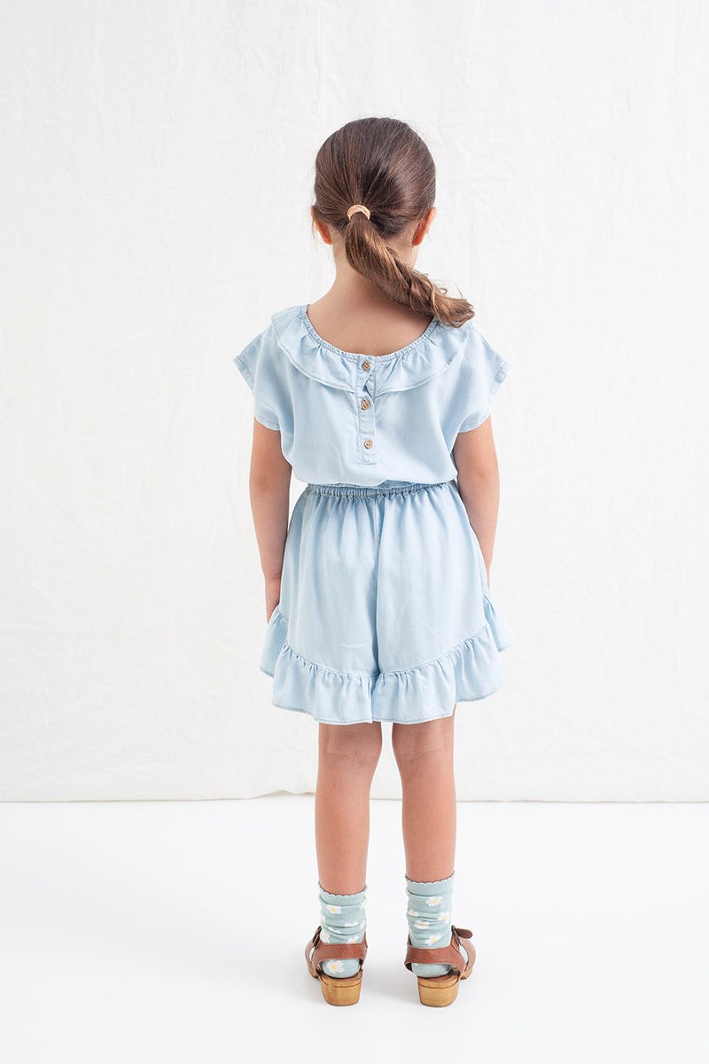 DENIM BLOUSE AND RUFFLE SHORT SET