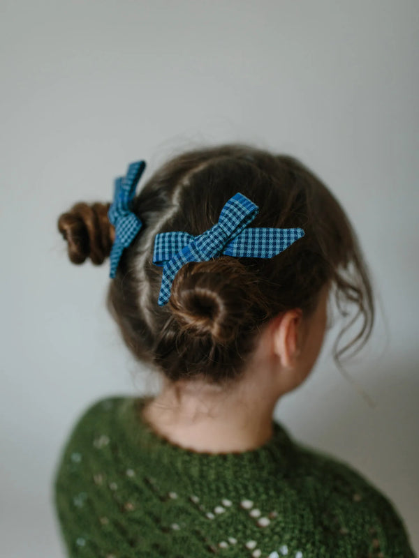 Pigtail Hair Bows in Winter Blue Gingham