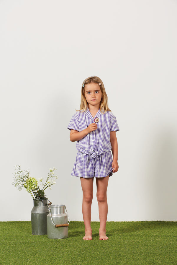 Vichy Girls Blouse and Short Set in Purple Gingham